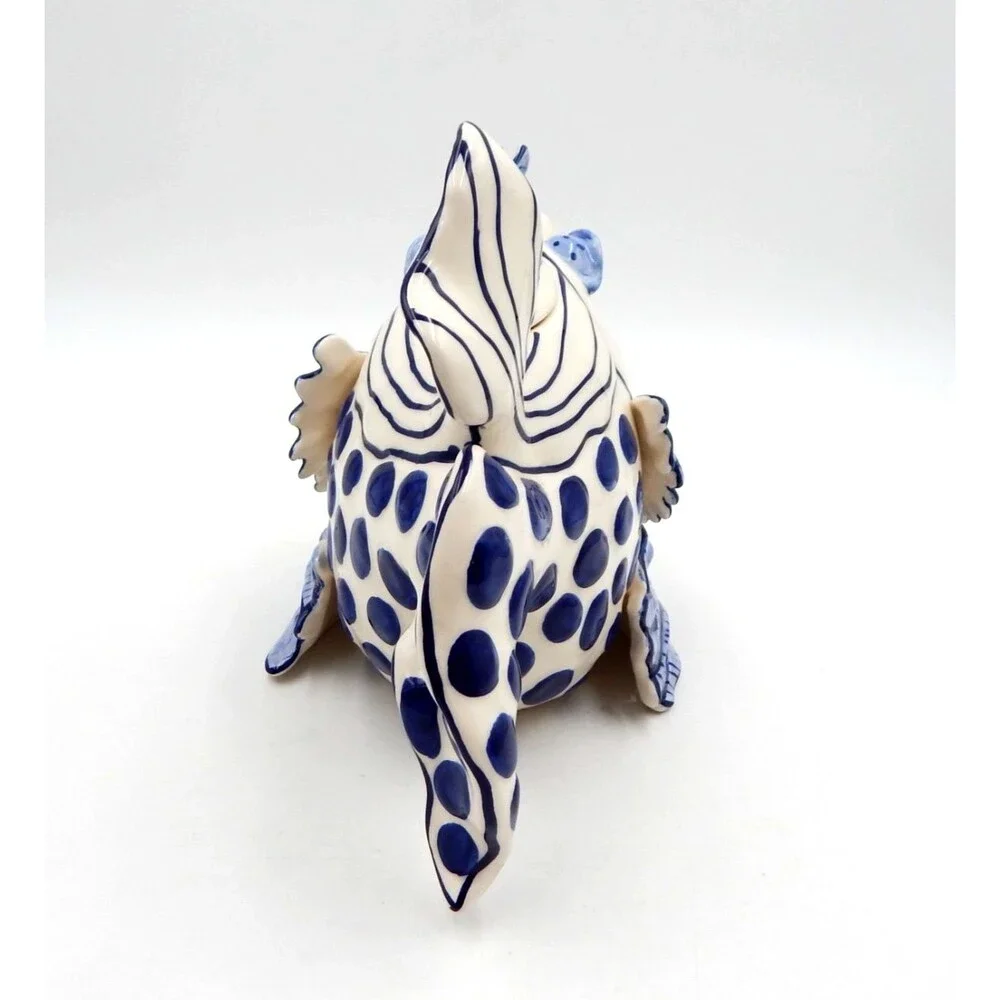 Blue Sky Clayworks Diane Kissy Fish Teapot Blue White Polka Dot 10 Inch 2013